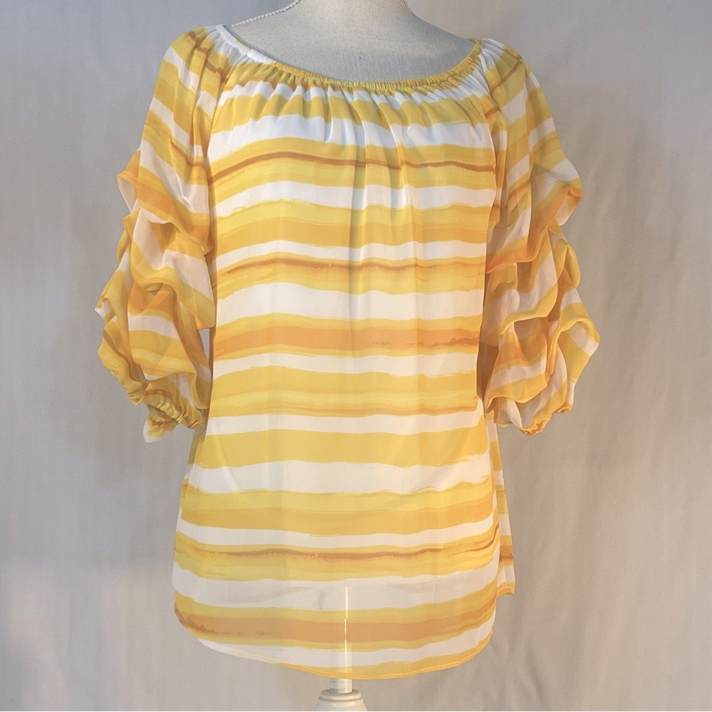 Coco Bianco Top Yellow Strip Round Neck Gathered 3/4 Sleeves Relaxed Fit M 👍